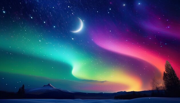 nighttime sky filled with stars crescent moon rainbow colored aurora borealis - Powered by Adobe