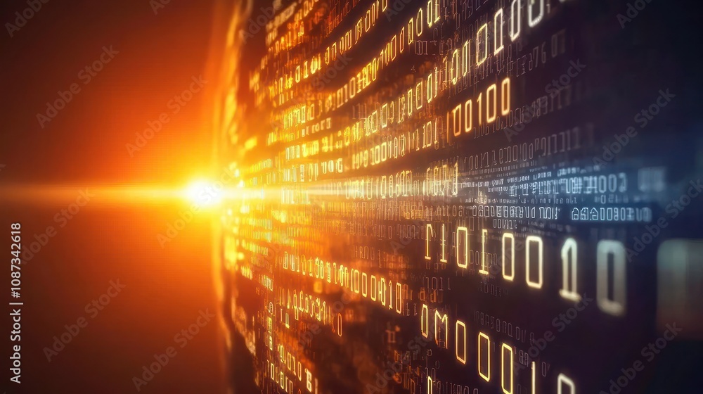 Poster digital landscape with binary code and a sunrise effect.
