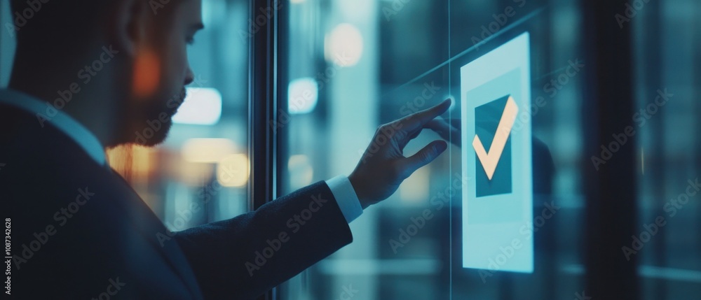 Poster a businessman interacts with a touchscreen displaying a checkmark, indicating approval.