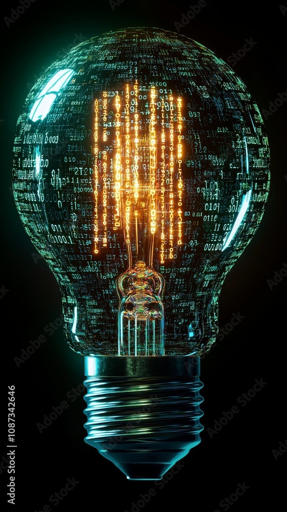 Poster creative abstract representation of a light bulb formed from binary code, showcasing the intersectio
