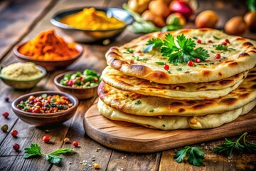 Homemade Indian Naan Flatbread with Spices and Cilantro on Wooden Board | Bokeh Effect, Rustic Culinary Photography, Traditional Indian Cuisine, Food Styling