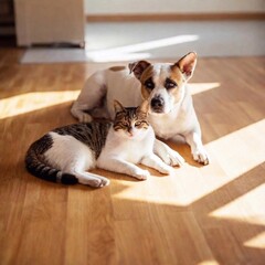 A full shot photo of a dog and cat lying side by side in a sunny spot, shallow focus, low angle shot emphasizing their relaxed full-body poses and the surrounding environment.
