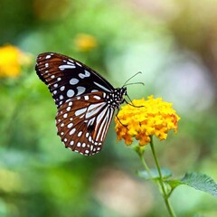Fototapeta premium A macro photo of a butterfly with its wings partially open, soft focus creating a dreamy, ethereal backdrop, low angle shot making the butterfly appear majestic against the soft, blurred colors of its