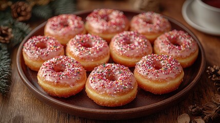 Delicious pink donuts with sprinkles on a wooden platter
