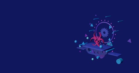 Naklejka premium Pink biohazard symbol on a pedestal of abstract geometric shapes floating in the air. Abstract concept art with flying shapes on the right. 3d illustration on indigo background