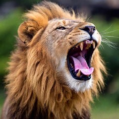 A close-up photo portrait of a lion roaring, deep focus on the details of its open mouth, teeth, and tongue, eye-level shot showing the dynamic expression of its strength and power