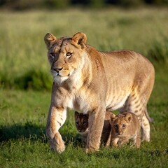 Obraz premium A full shot photo of a lioness leading her cubs across a grassy plain, deep focus capturing the familial bond and protective posture, low-angle shot showing the full body of the lioness in a nurturing