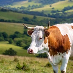 A long shot photo of a cow in a pasture with rolling hills, rack focus with a high angle capturing the landscape and gradually focusing on the cow, providing a wider portrait of the scenic environment