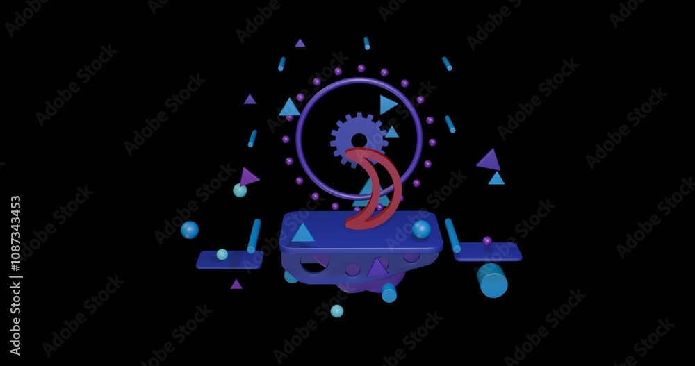 Poster red moon astrological symbol on a pedestal of abstract geometric shapes floating in the air. abstrac