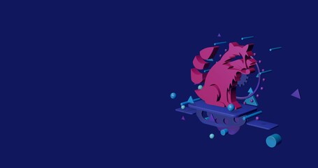 Naklejka premium Pink raccoon symbol on a pedestal of abstract geometric shapes floating in the air. Abstract concept art with flying shapes on the right. 3d illustration on indigo background