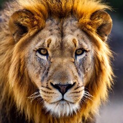 Naklejka premium A close-up photo of a lion looking directly at the camera, deep focus on the symmetry of its face and the contrast between its eyes and fur, eye-level shot conveying a sense of presence and authority