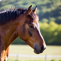 Fototapeta premium A close-up photo of a horse's eyes reflecting a scenic landscape, deep focus revealing the depth and clarity in its eyes and the faint outline of its surroundings, eye-level shot to emphasize the conn