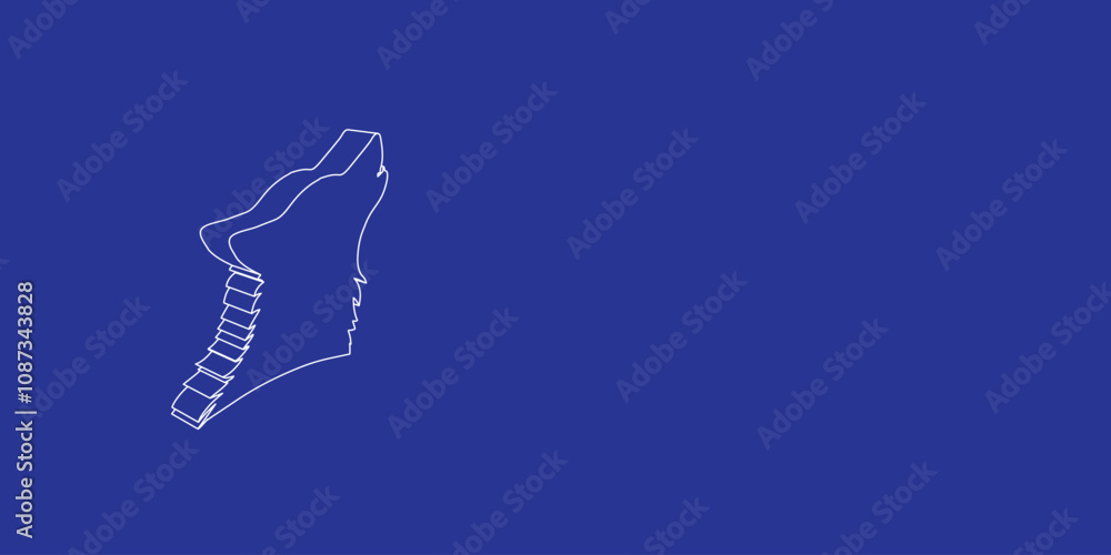 Aufkleber the outline of a large wolf head symbol made of white lines on the left. 3d view of the object in pe
