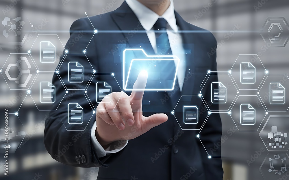 Poster digital data management: businessman using a futuristic interface, accessing and managing digital fi