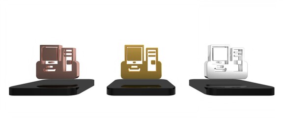 Colorful Computer monitor with keyboard and mouse icon isolated on white background. PC component sign. Minimalism concept. 3D render illustration