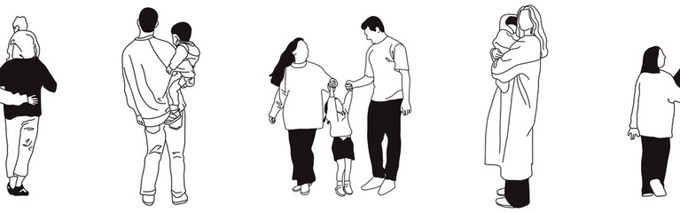 Hand-drawn doodle family border. Outline family clipart. Hand-drawn black art.