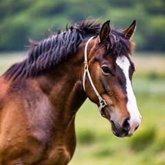 A close-up portrait photo of a horse with the wind blowing through its mane, deep focus revealing the intricate strands of hair and the gentle contours of its face, eye-level shot to emphasize the hor