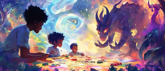 Illustrate an adventurous family playing a magical board game in a mystical setting with fantastical creatures, showcasing vibrant colors in a whimsical watercolor technique