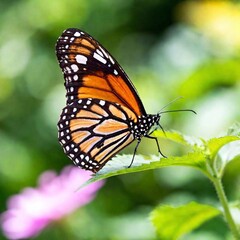 Obraz premium A macro photo of a butterfly with its wings partially open, soft focus creating a dreamy, ethereal backdrop, low angle shot making the butterfly appear majestic against the soft, blurred colors of its