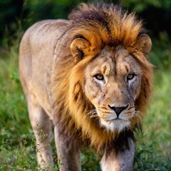 Obraz premium A macro photo of a lion prowling through the dense underbrush, deep focus on its intense gaze and the fine details of its powerful limbs, high-angle shot highlighting the strength and agility of its f