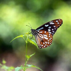 Fototapeta premium A close-up photo of a butterfly in flight, wings slightly blurred to convey motion, deep focus on its body and head, eye-level shot capturing its expressive eyes and unique patterns, giving a sense of