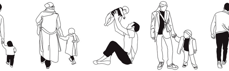 Hand-drawn doodle family border. Outline family clipart. Hand-drawn black art.