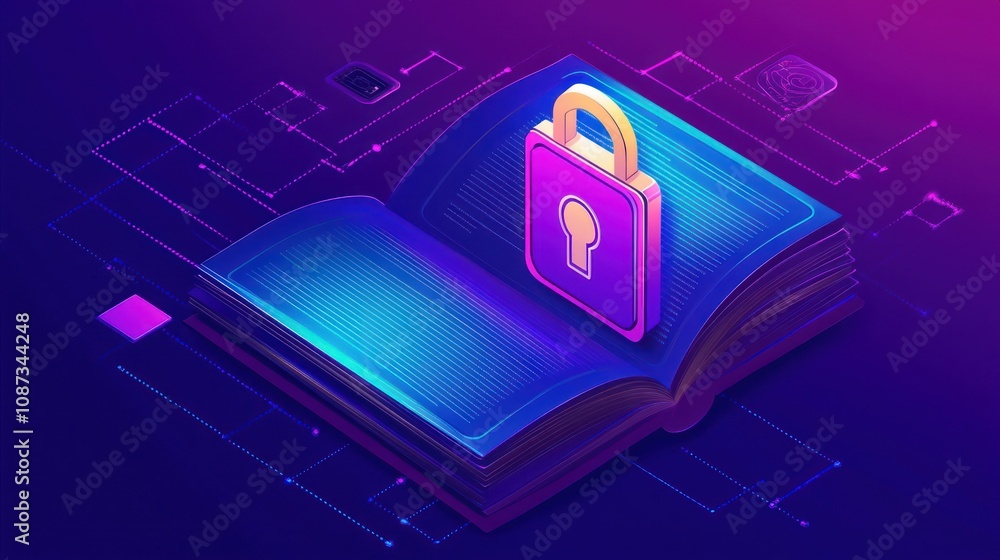 Poster an open book with a padlock symbolizes secure information and knowledge protection.