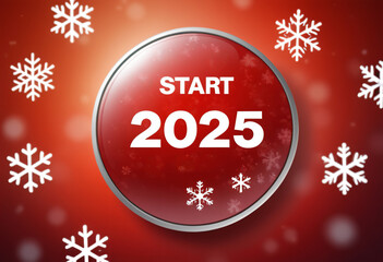 red round button with the inscription "Start 2025" on a blurred background with falling snowflakes