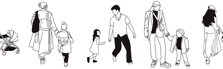 Hand-drawn doodle family border. Outline family clipart. Hand-drawn black art.