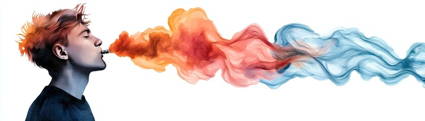 Fototapeta premium A colorful silhouette of a person exhaling vibrant smoke, creating a mesmerizing blend of orange and blue hues.