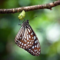 Naklejka premium A close-up photo of a butterfly emerging from its chrysalis, deep focus capturing the transformation details, eye-level shot offering a portrait that symbolizes rebirth and the beauty of metamorphosis