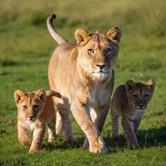 Obraz premium A full shot photo of a lioness leading her cubs across a grassy plain, deep focus capturing the familial bond and protective posture, low-angle shot showing the full body of the lioness in a nurturing