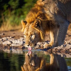 Fototapeta premium A full shot photo of a lion drinking from a waterhole, deep focus capturing the reflection in the water and the details of its face and paws, low-angle shot that gives the viewer a unique perspective 