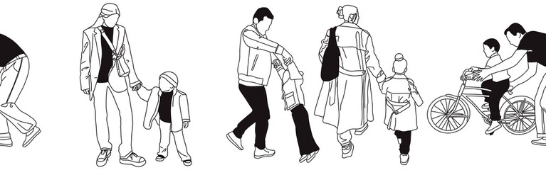 Hand-drawn doodle family border. Outline family clipart. Hand-drawn black art.