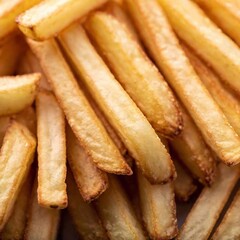 a macro shot from below a pile of crispy, golden French fries, looking up at the stack. Highlight the details of the texture, the golden color, and the glistening oil on the fries