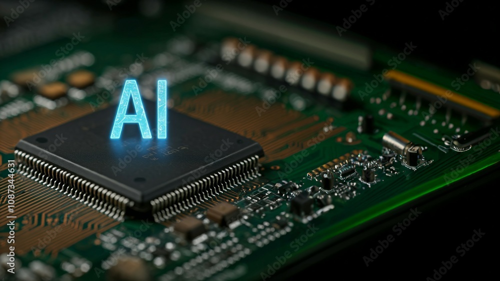 Poster a microchip on a circuit board with glowing blue 