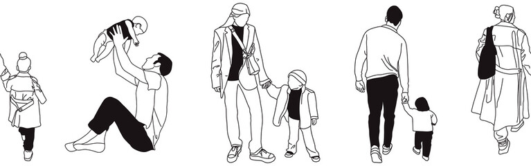 Hand-drawn doodle family border. Outline family clipart. Hand-drawn black art.