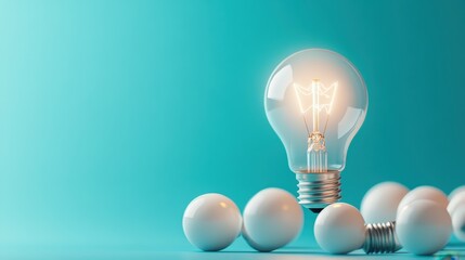 An illuminated light bulb takes center stage amidst non-illuminated spherical forms, conveying themes of brilliance, insight, and intellectual breakthrough on a teal backdrop.