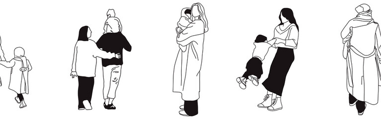 Hand-drawn doodle family border. Outline family clipart. Hand-drawn black art.