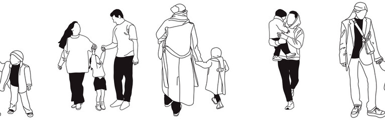 Hand-drawn doodle family border. Outline family clipart. Hand-drawn black art.