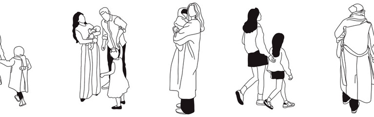 Hand-drawn doodle family border. Outline family clipart. Hand-drawn black art.