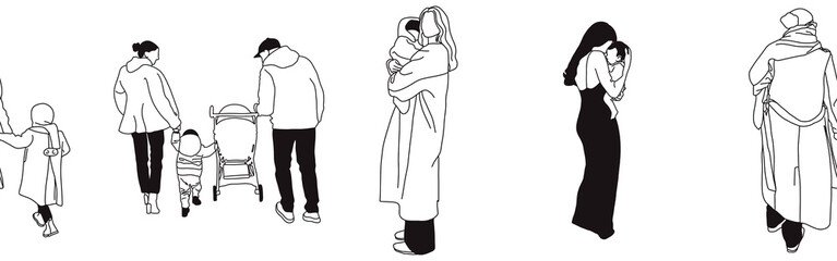 Hand-drawn doodle family border. Outline family clipart. Hand-drawn black art.