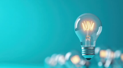 A single illuminated bulb glows brightly amongst a scattering of non-illuminated bulbs on a teal stage, exuding themes of inventiveness and modern artistry expression.