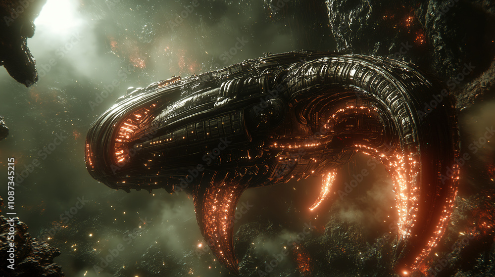 Aufkleber Exploring a massive alien spaceship illuminated by glowing lights in a dark, rocky environment during an interstellar journey. Generative AI