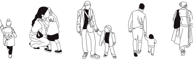 Hand-drawn doodle family border. Outline family clipart. Hand-drawn black art.