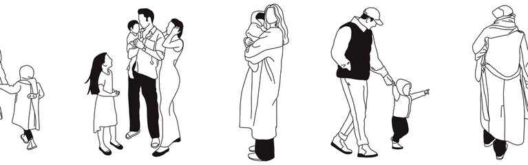 Hand-drawn doodle family border. Outline family clipart. Hand-drawn black art.