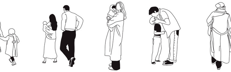 Hand-drawn doodle family border. Outline family clipart. Hand-drawn black art.