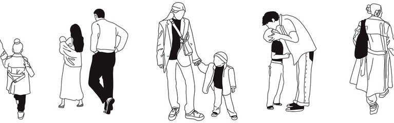 Hand-drawn doodle family border. Outline family clipart. Hand-drawn black art.