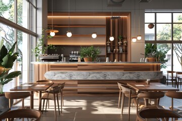 Fototapeta premium Modern Cafe Interior Design Showcases Wood, Marble, and Greenery Beautifully