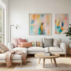 Modern Living Room Interior White Sectional Sofa Abstract Art Wooden Coffee Table